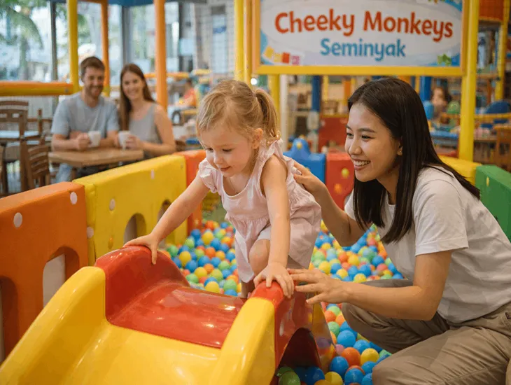 Best Indoor Playgrounds in Bali at Cheeky Monkeys Seminyak with soft play, ball pits, toddler zones, and café seating