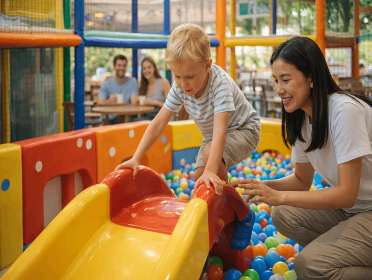 Best Indoor Playgrounds in Bali at Mai Main Canggu with ball pits, slides, toddler zones, and babysitter support