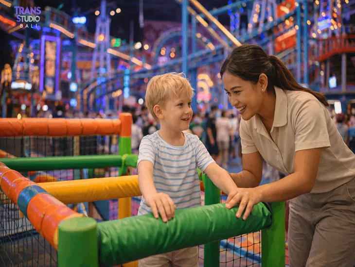 Theme Parks in Bali for Families 2026 – A modern indoor theme park with high-tech rides and professional safety lighting.