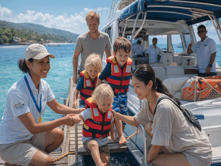 Family Island Hopping in Bali 2026 – A family wearing life jackets boarding a secure fast boat in Sanur for an organized excursion.