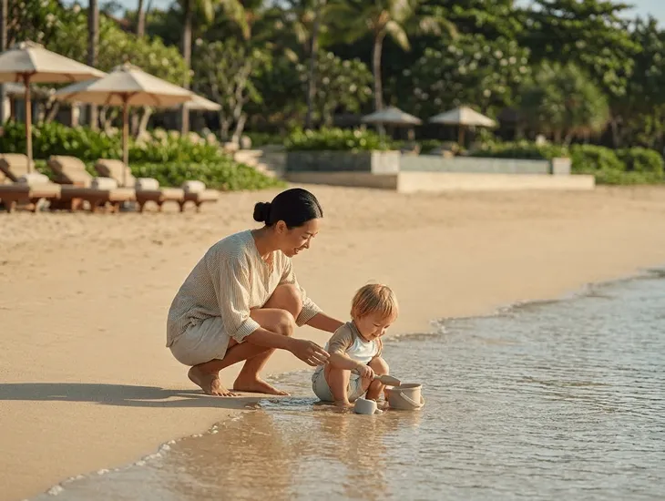 [Family-Friendly Jimbaran Bay Guide] 2026 – Toddlers playing in the shallow, calm white sand beach water in Indonesia.