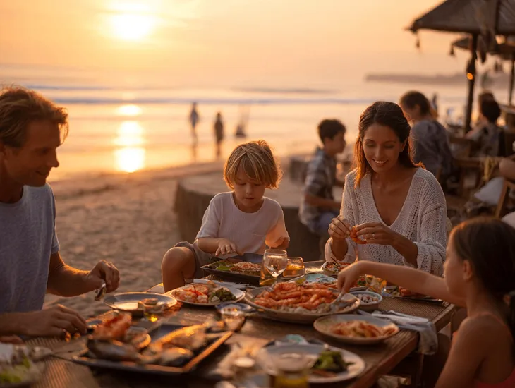 Coastal dining 2026 – A sunset seafood dinner table set on the sandy beach.