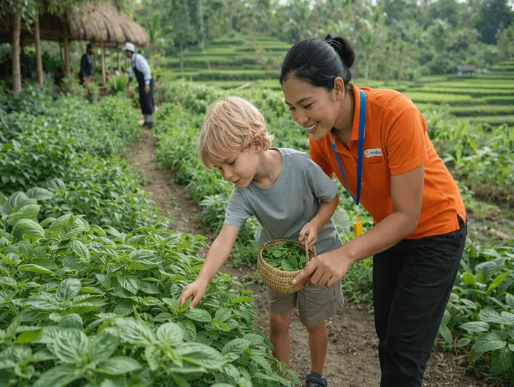 Kids cooking classes in Bali at Pemulan Farm Cooking School in Ubud with organic garden tour and family-friendly farm-to-table lessons