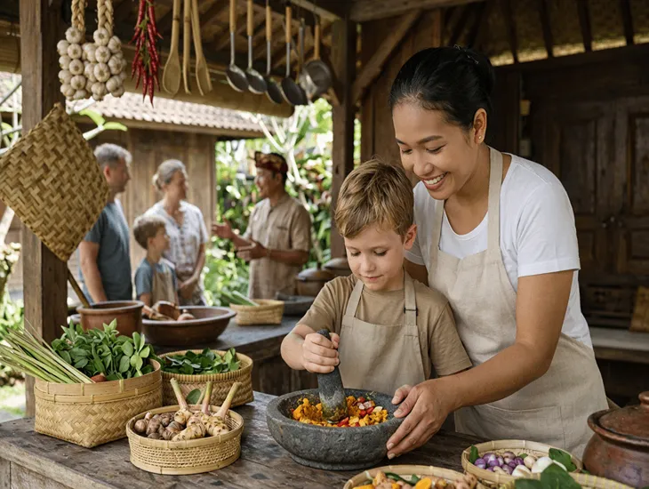 Kids cooking classes in Bali at Pemulan Farm Cooking School in Ubud with organic garden tour and family-friendly farm-to-table lessons
