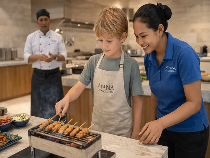 Kids cooking classes in Bali at AYANA Cooking School in Jimbaran with junior culinary lessons and family-friendly supervision