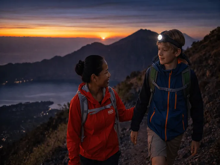 Morning landscape 2026 – Sunrise view over Lake Batur with steam rising from volcanic vents.
