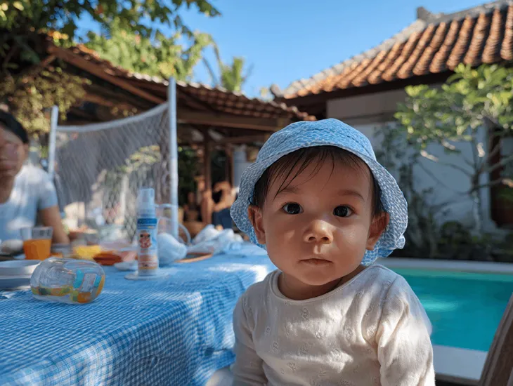 [Toddler Activities in Bali] 2026 – A professional Babysitter applying mosquito repellent to a child's arm in a shaded garden.
