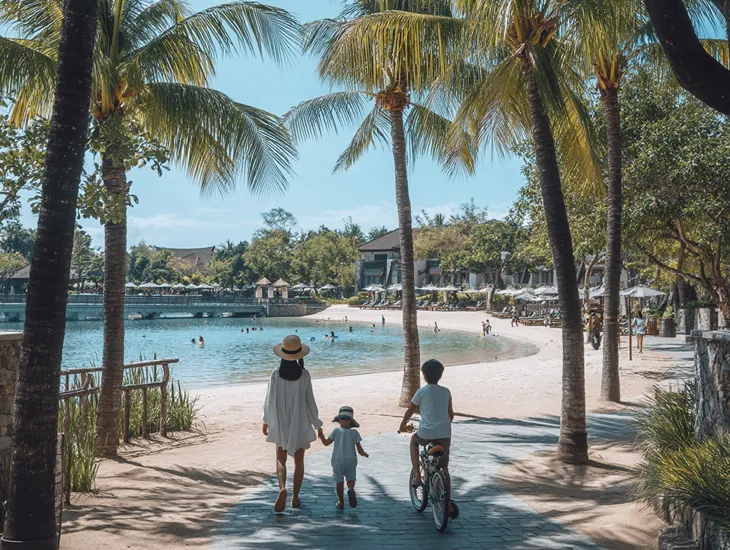 [Family-Friendly Guide to Nusa Dua] 2026 – A family building sandcastles on a secure coastal beach in Indonesia.