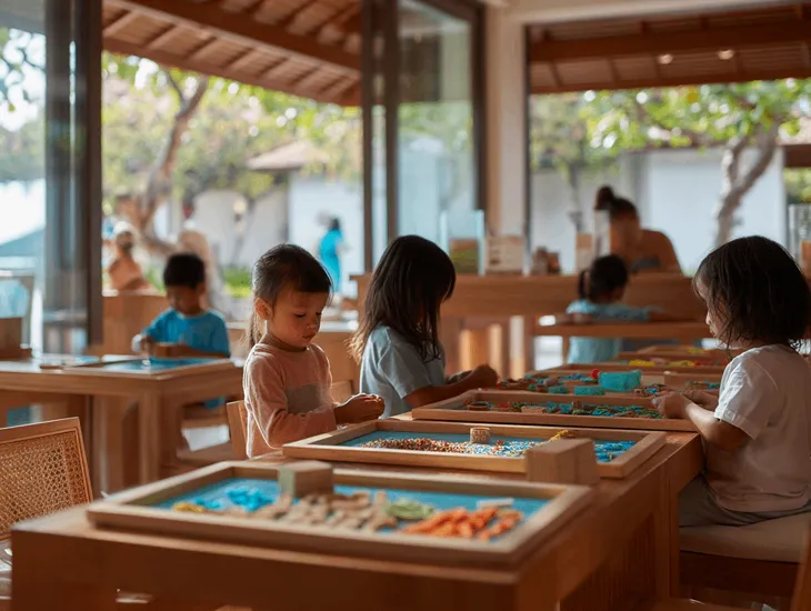 [Family-Friendly Guide to Nusa Dua] 2026 – A resort kids' club interior featuring a large wall map of Bali and colorful craft tables.