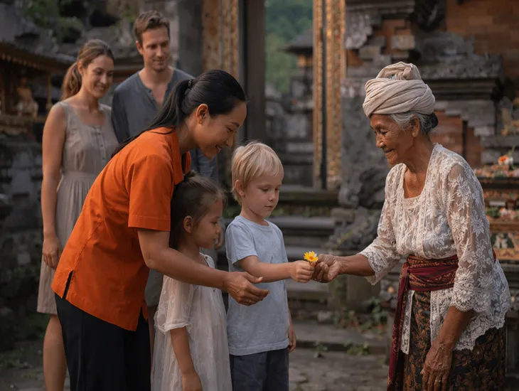 [Family-Friendly Guide to Nusa Dua] 2026 – A family dressed in traditional Balinese sarongs and sashes standing at a temple entrance.
