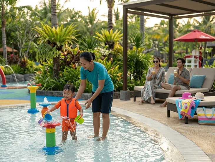 [Waterbom in Bali for Kids] 2026 – Children playing in the AquaPlay zone with colorful water slides.