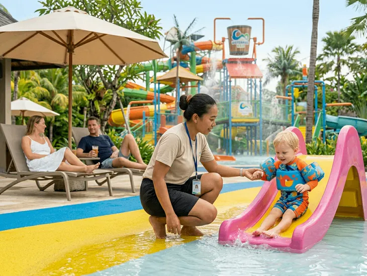 [AquaPlay facility 2026 – A professional lifeguard in a yellow and red uniform watching over the shallow pool at the bottom of a slide.]