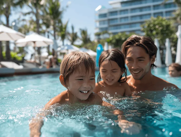 Best Pools In Bali 2026 – Families enjoying a tropical day pass at a luxury resort swimming pool