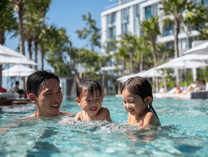 Best Pools in Bali 2026 at The Meru Sanur with family lagoon pools, shaded areas, and safe toddler swimming