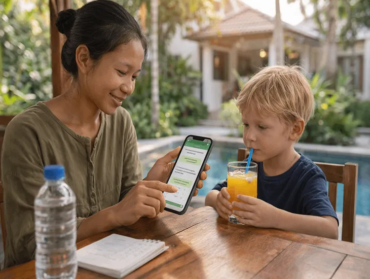 Transport Hire in Indonesia 2026 – Families securing private vehicles with car seats for coastal trips in Bali.