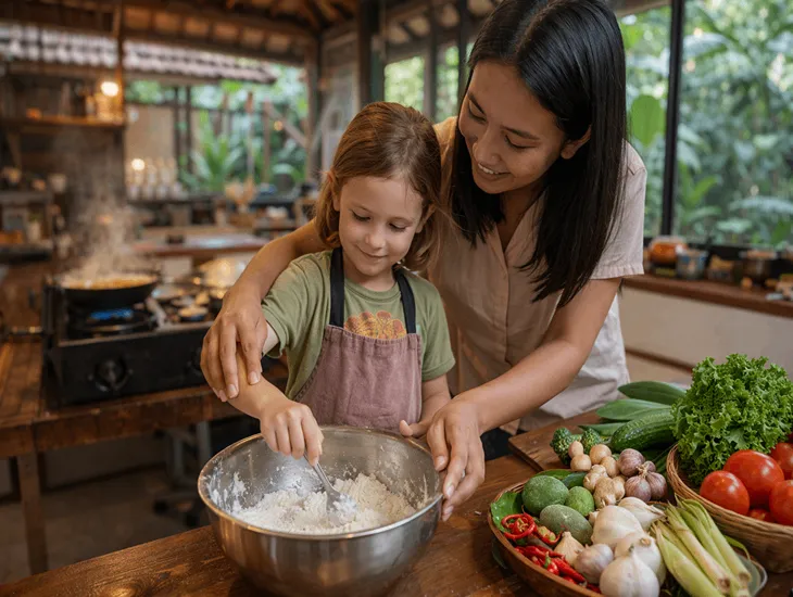 Cooking Classes in Bali at Ketut's Bali Cooking Class with hands-on family cooking and safe childcare support