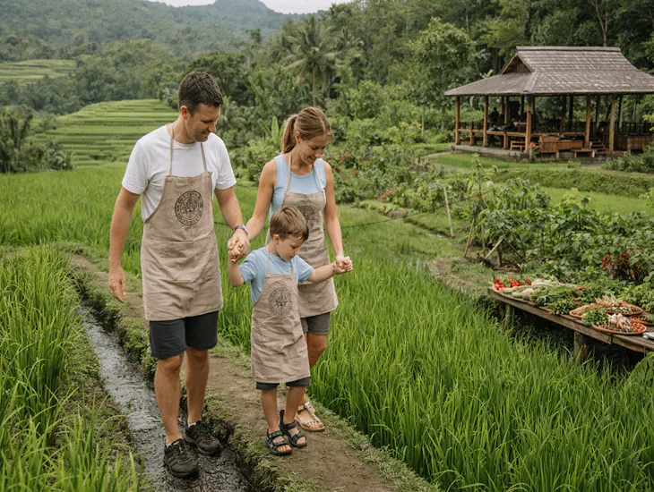 Cooking Classes in Bali at Taman Dukuh Bali Farm Cooking School with family farm tour, bamboo kitchen, and safe kids support