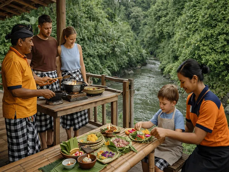 Cooking Classes in Bali at Periuk Bali Cooking Class with riverside kitchen, cultural cooking, and family-friendly support