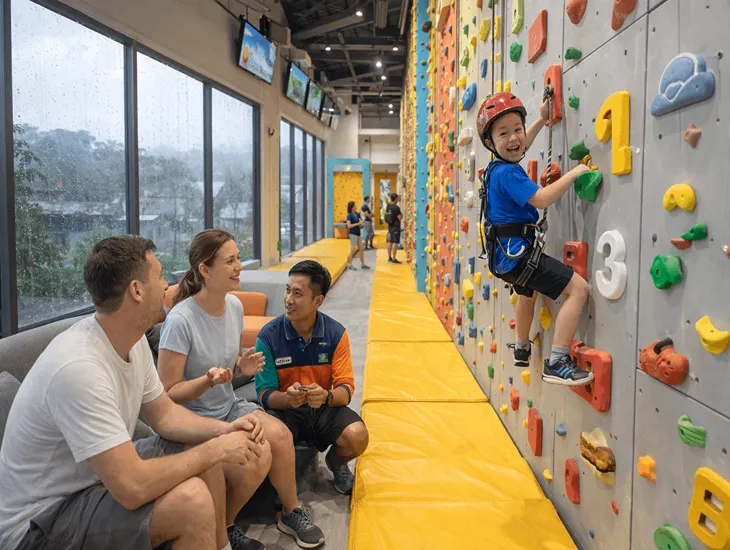 Indoor Climbing in Bali 2026 – Young child wearing a safety harness scaling a colorful gamified wall