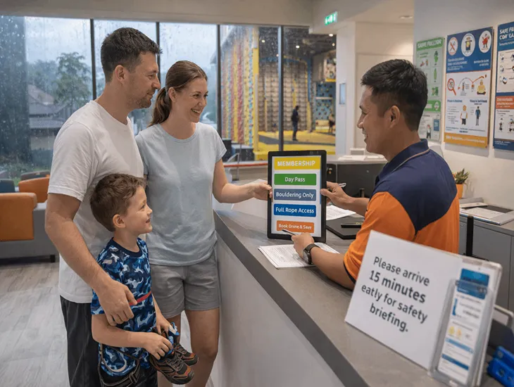 Indoor Climbing in Bali 2026 – Parents signing liability waivers at a modern indoor climbing reception desk