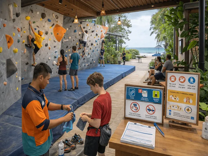 Indoor Climbing in Bali 2026 – Climber wiping sweat off rental shoes near an open-air cafe mat