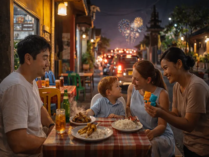 New Year’s Eve in Bali – Airport traffic, local warung dinner, and babysitter support for families