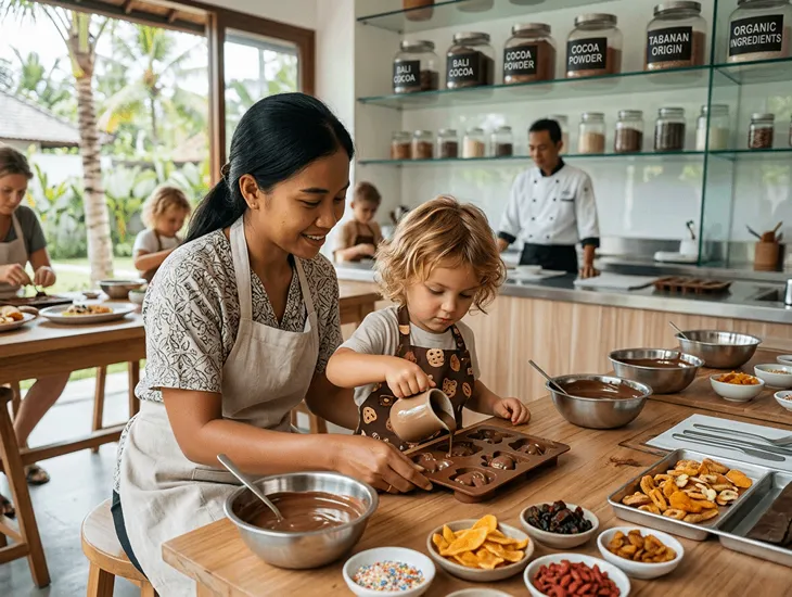 Chocolate Workshop in Bali 2026 at Junglegold factory Mengwi with kids crafting vegan chocolate molds and safe family class