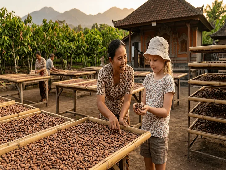 Bali Cacao Tours 2026 – Traditional fermentation, drying stages, and rural factory visits for kids