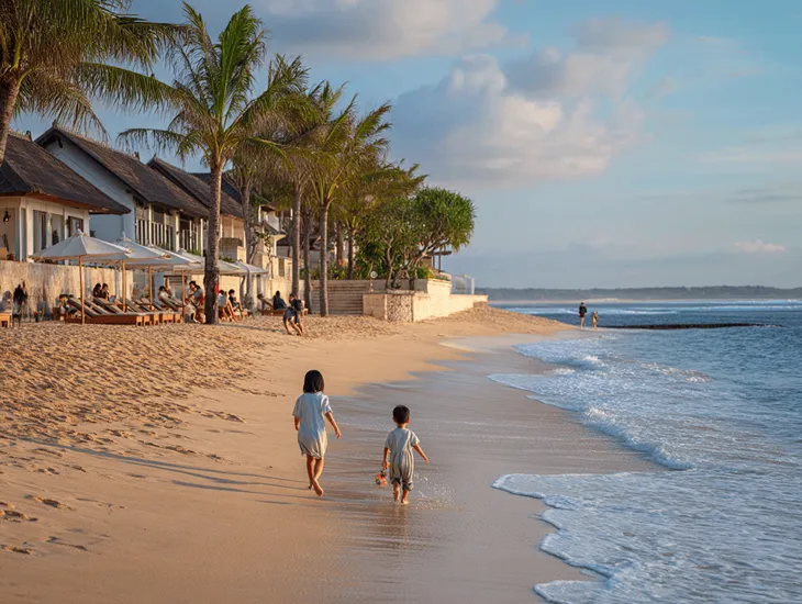 Kid-Friendly Beaches in Bali 2026 – Toddlers playing safely in the shallow water of a calm bay