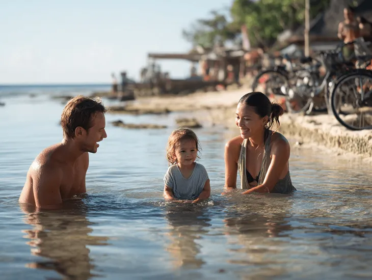 Kid-Friendly Beaches in Bali at Sanur Beach with calm shallow water, safe toddler play, and family seaside strolls
