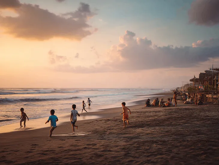 Kid-Friendly Beaches in Bali at Jimbaran Bay with soft sand, calm morning waves, and spacious family shoreline