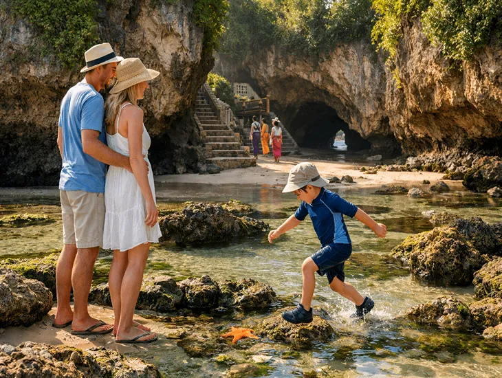 Kid-Friendly Beaches in Bali – Calm tidal pools, coastal safety, and family beach exploration near the temple