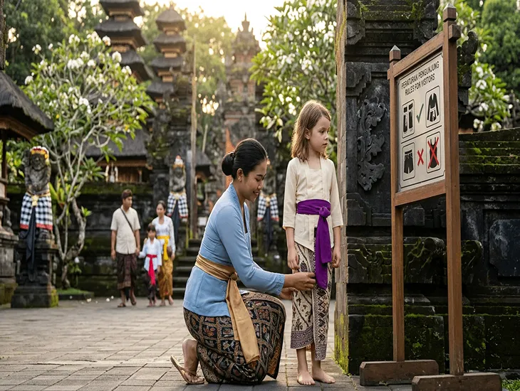 Family Etiquette in Bali 2026 – Modest dress rules, temple sarong standards, and respectful behavior for kids and parents