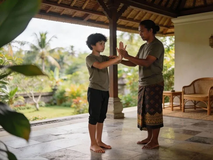 Balinese Traditional Activities for Kids with children learning dance in Ubud wearing costumes and practicing cultural movements