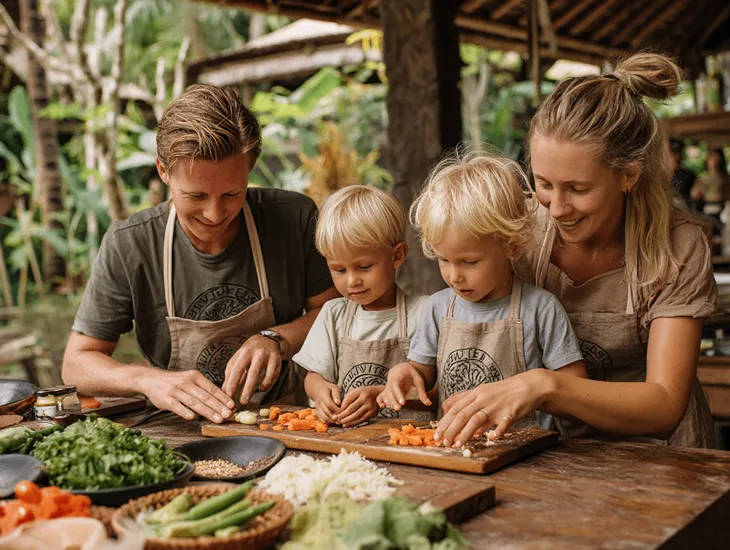 Babysitter in Bali 2026 – Professional caregiver assisting children during a traditional cooking workshop in an organic garden