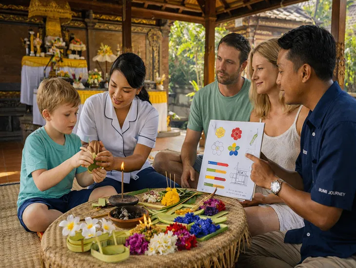 Balinese Traditional Activities for Kids making palm leaf offerings with flowers during a cultural workshop