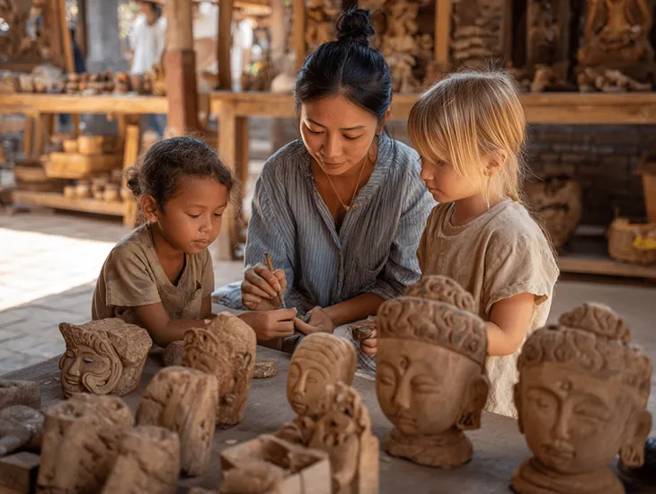 Balinese Traditional Activities For Kids in Ubud with kite making, woodcarving, painting workshops, and family creativity