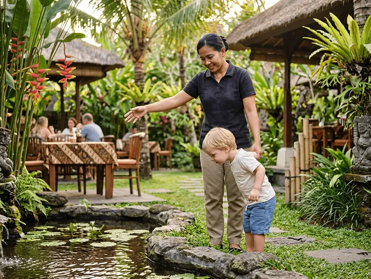 Best Restaurants in Ubud 2026 – Three Monkeys garden dining, central family convenience, and careful toddler supervision near open ponds