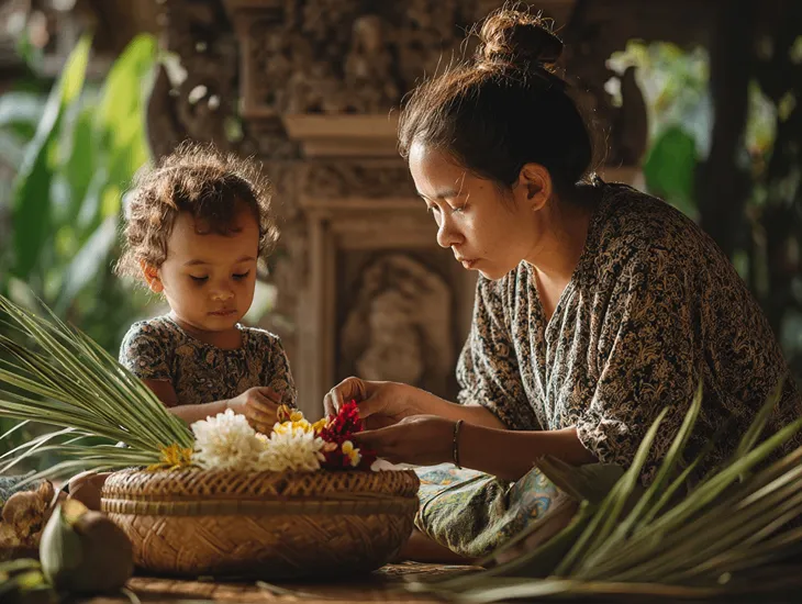 Local crafts for kids in Indonesia] 2026, A family creating daily offerings with natural palm leaves.