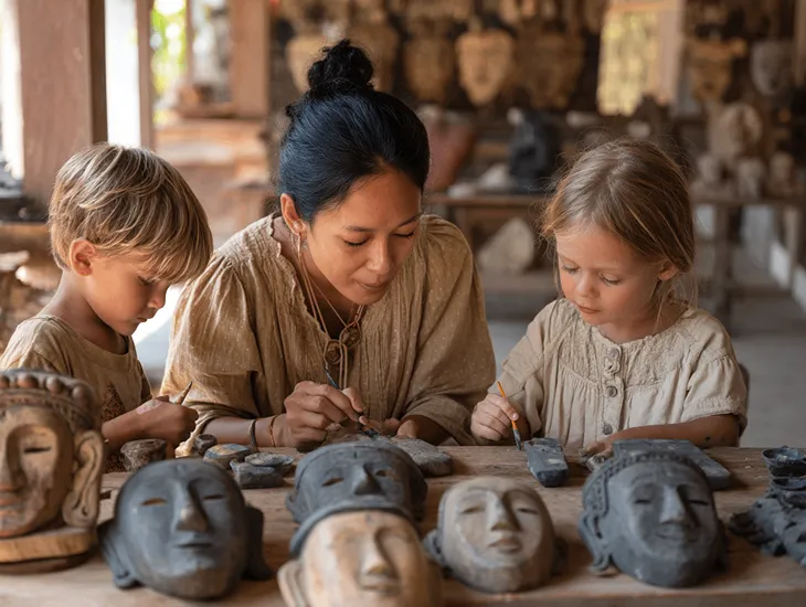 Cultural Activities for Families in Bali 2026 – Kids mask and wayang craft class with safe paints, guided storytelling, and family bonding
