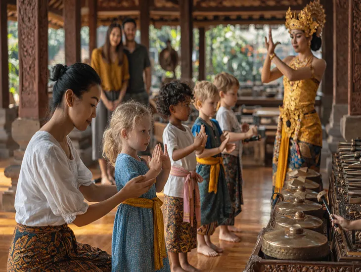 Local music classes in Indonesia] 2026, Children wearing traditional costumes and playing gamelan.