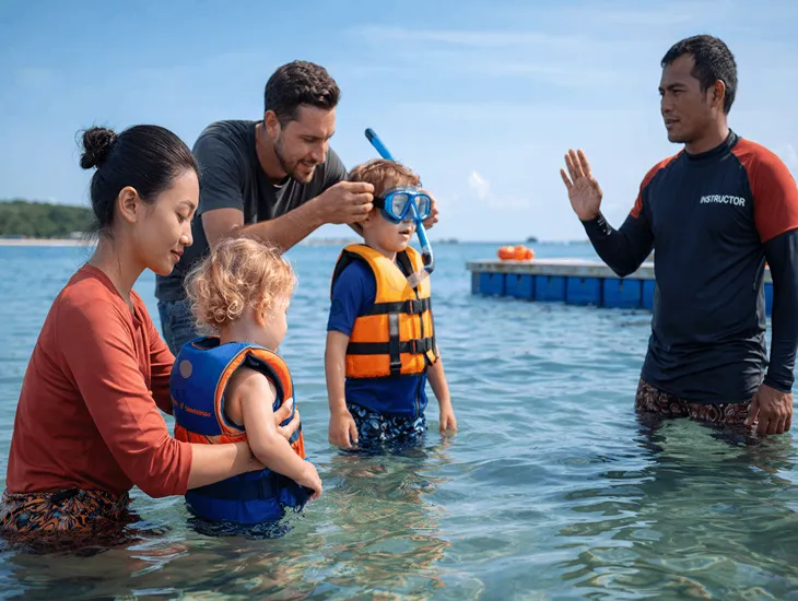 Safe Aquatic Tours 2026 – A certified local guide helping a young child adjust their swimming goggles.