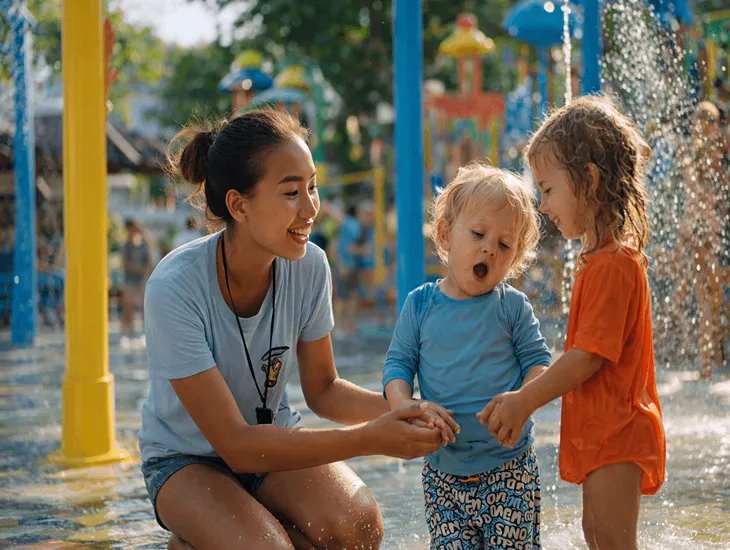 Nanny in Bali 2026 – A professional caregiver supervising children at a shallow waterpark to ensure aquatic safety.