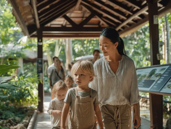 Family-Friendly Adventures in Bali 2026 – Children wearing safety harnesses and helmets while navigating a color-coded treetop course in Indonesia.