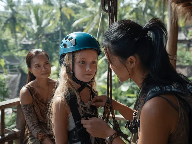 Parenting in Bali 2026 – A professional caregiver supervising a child’s equipment check at an adventure park in Indonesia.