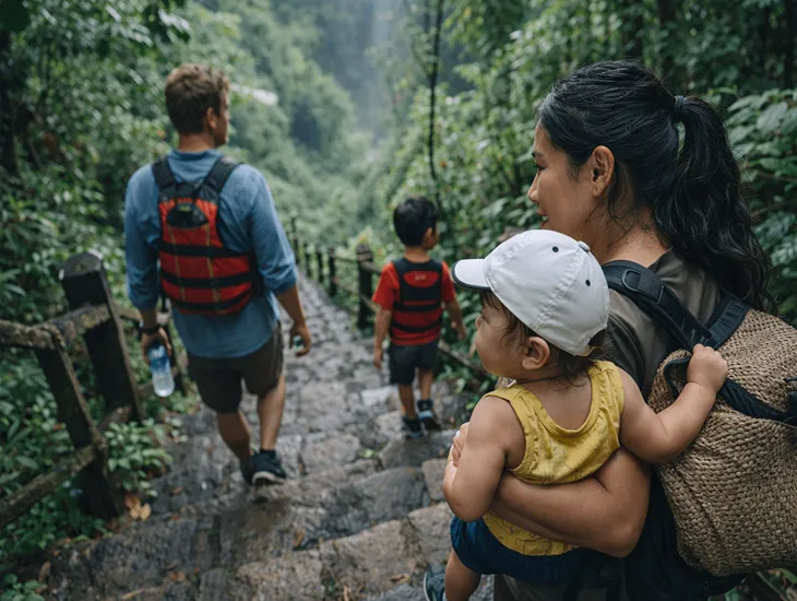 Parenting in Bali 2026 – A father and daughter taking a rest break on a jungle trail to maintain stamina.