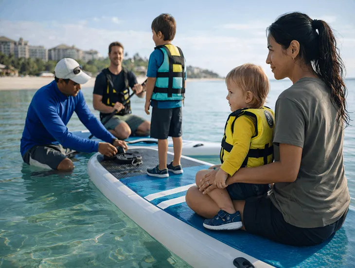 Water Sports in Bali 2026 – Professional instructors guiding a child on a paddle board in a shallow lagoon.