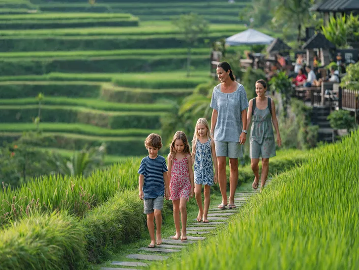 Parenting in Bali 2026 – A family walking along the paved paths of a UNESCO rice terrace site in Indonesia.
