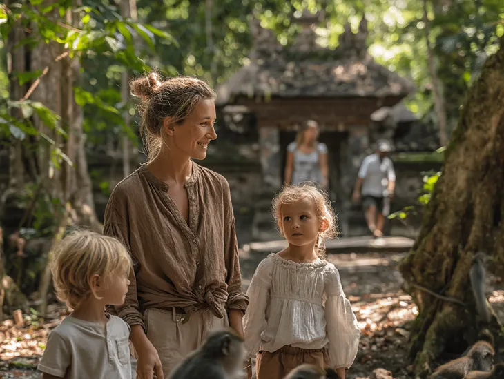 Parenting in Bali 2026 – Professional guides supervising a child’s interaction with local wildlife in a protected forest.