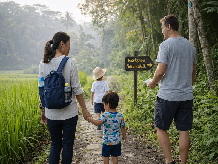 Things To Do in Ubud 2026 – Family exploring the lush rice terraces with a professional childcare assistant